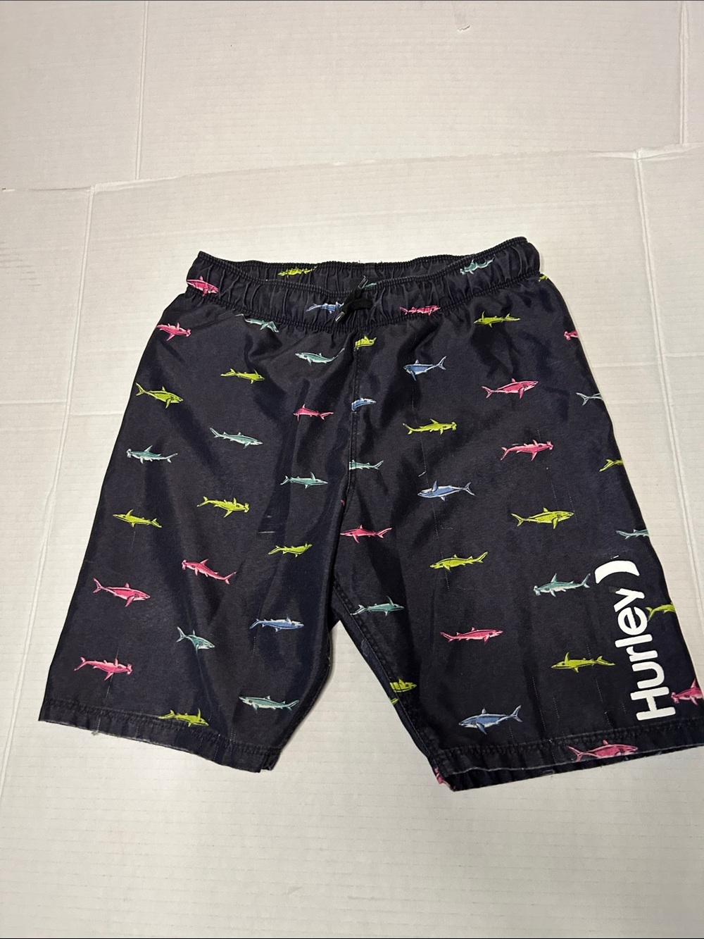 Hurley Size 7/8 Black Swim Trunks with Neon Shark Print